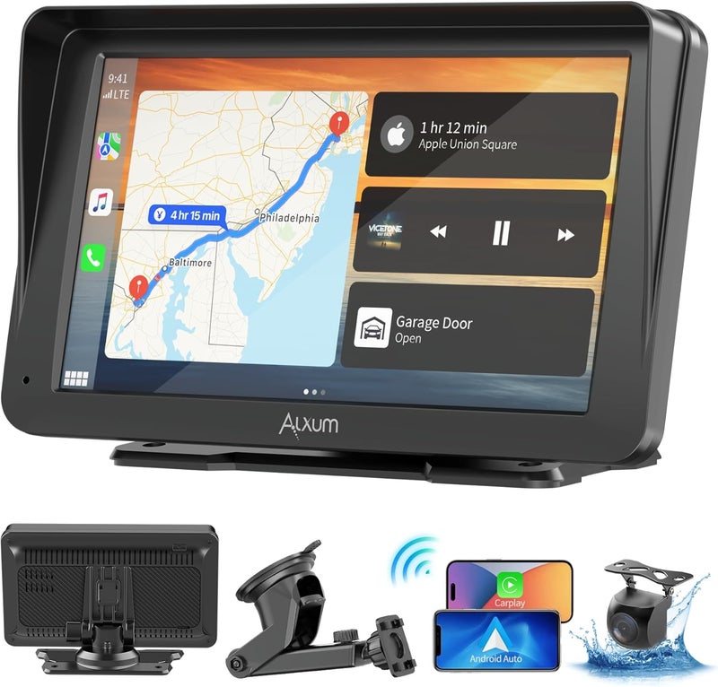 ALXUM شاشة 7" لاسلكية لنظام أندرويد أوتو وآبل كار بلاي للسيارات، شاشة عرض محمولة بدقة HD مع كاميرا خلفية، رابط مرآة، نظام ملاحة GPS، تحكم صوتي، توافق عالمي مع المركبات - Image 1